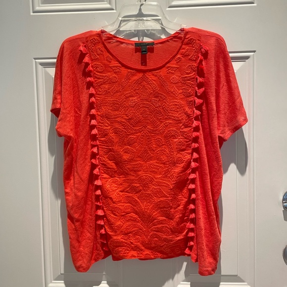 J. Crew Tops - J. Crew Linen Coral Tassels Embroidered Boho Short Sleeve Top Size Oversized XS